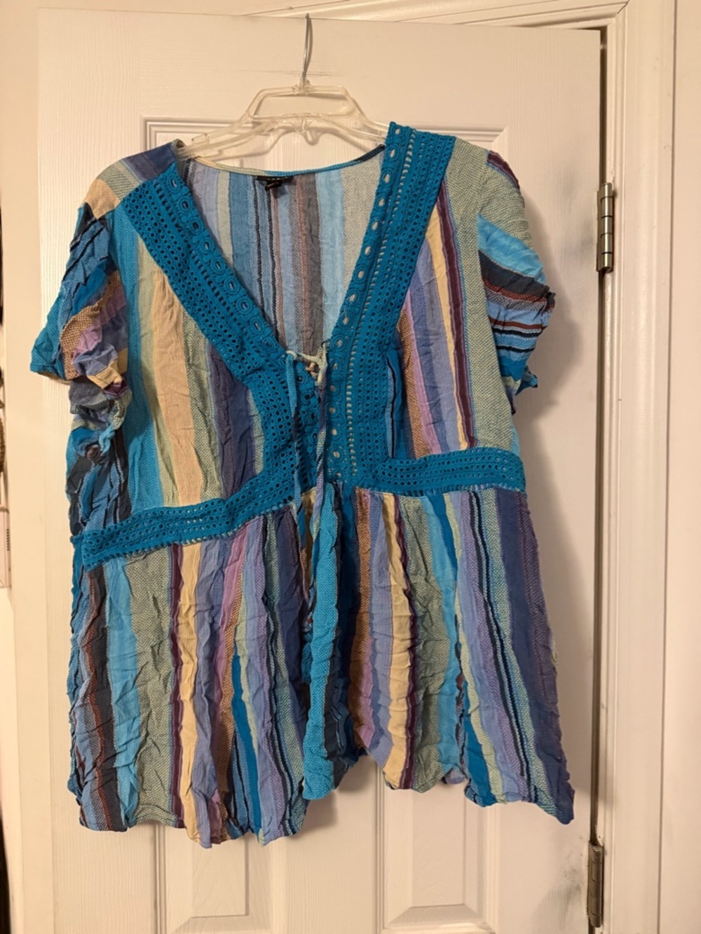torrid Multicolor Stripe Crochet-Trim Tunic in Turquoise Blue